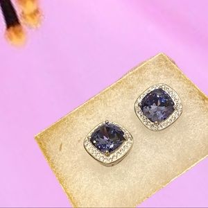 Blue crystal and Cz accents  silver tone square setting post earrings w/gift box